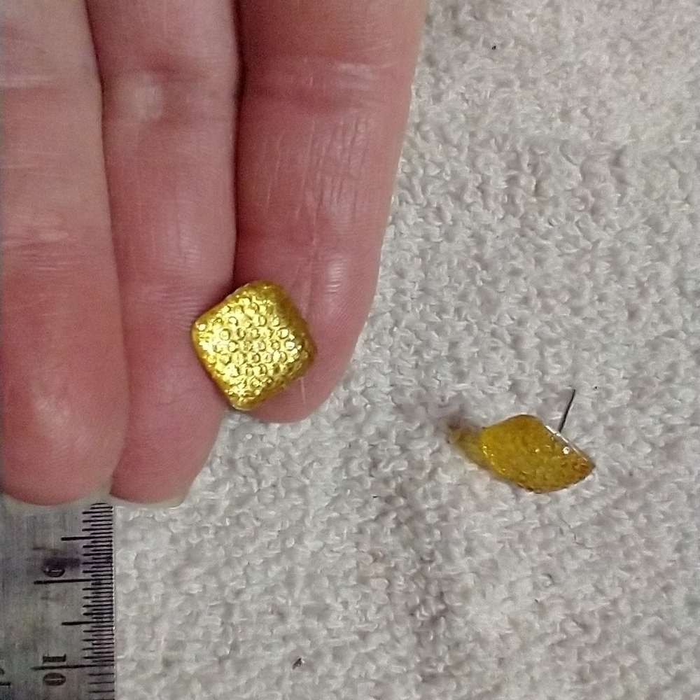 Silvertone bright yellow square post earrings no backs